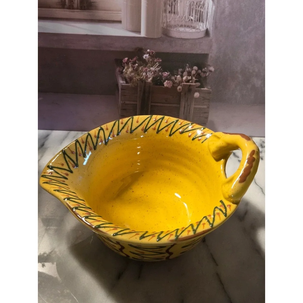 Foreside Yellow Ceramic Batter Bowl with Spout and Handle Zig Zag Pattern‎